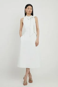 Compact Stretch Bow Tie Neck Full Skirted Midi Dress