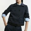 Compact Stretch Collared Double Breasted Grosgrain Blazer Jacket