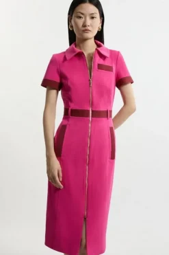 Compact Stretch Color Block Grosgrain Zip Tailored Midi Dress