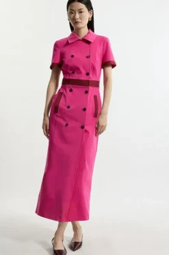 Compact Stretch Color Block Grograin Button Tailored Midi Dress