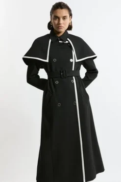 Compact Stretch Contrast Tipped Cape Trench Tailored Midi Coat