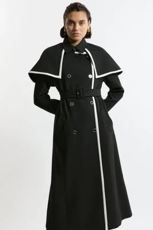Compact Stretch Contrast Tipped Cape Trench Tailored Midi Coat
