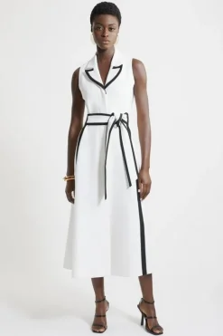 Compact Stretch Contrast Tipped Belted Full Skirt Maxi Dress
