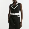Compact Stretch Contrast Tipped Belted Tailored Midi Dress