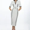 Compact Stretch Contrast Tipped Forever Belted Tailored Midi Dress