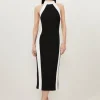 Compact Stretch Contrast Halter Neck Tailored Midi Dress