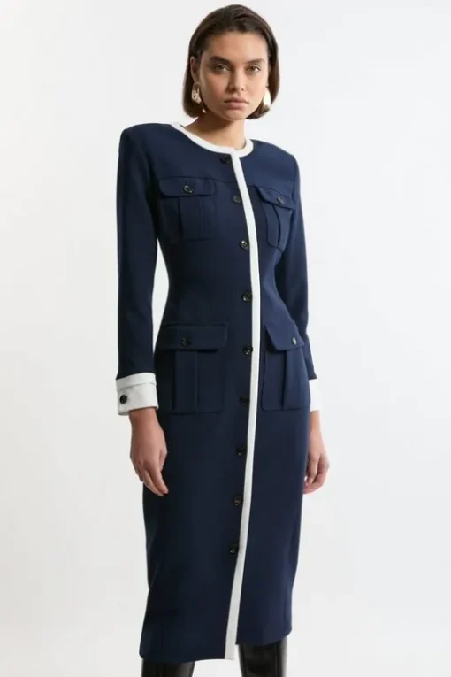 Compact Stretch Contrast Tipped Tailored Maxi Dress