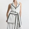 Compact Stretch Contrast Tipped Belted Wide Leg Tailored Jumpsuit