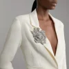 Compact Stretch Crystal Embellished Rosette Cropped Tailored Blazer