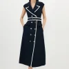 Compact Stretch Double Breasted Belted Tipped Tailored Midi Dress