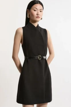 Compact Stretch Essential Belted Tailored Mini Dress