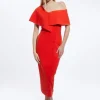Compact Stretch Off Shoulder Button Through Tailored Midaxi Pencil Dress
