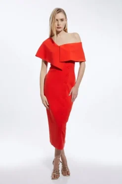 Compact Stretch Off Shoulder Button Through Tailored Midaxi Pencil Dress