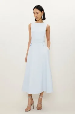 Compact Stretch Tab Waist Detail Full Skirt Midi Dress