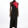 Compact Stretch Taffeta Asymmetric Ruffle Tailored Midi Dress