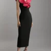 Compact Stretch Taffeta Ruffle Tailored Midi Dress