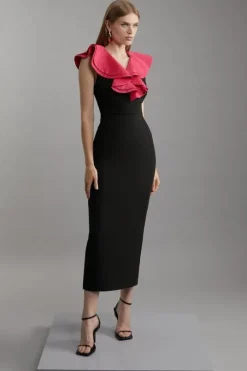 Compact Stretch Taffeta Ruffle Tailored Midi Dress