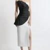 Compact Stretch Taffeta Ruffle Detail Strappy Tailored Midi Dress