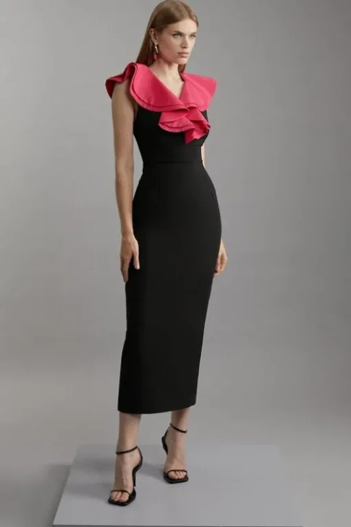 Compact Stretch Taffeta Ruffle Tailored Midi Dress