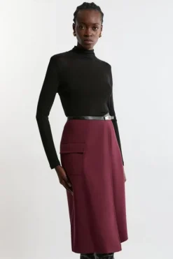 Compact Stretch Tailored Pu Tipped Wrap Midi Skirt