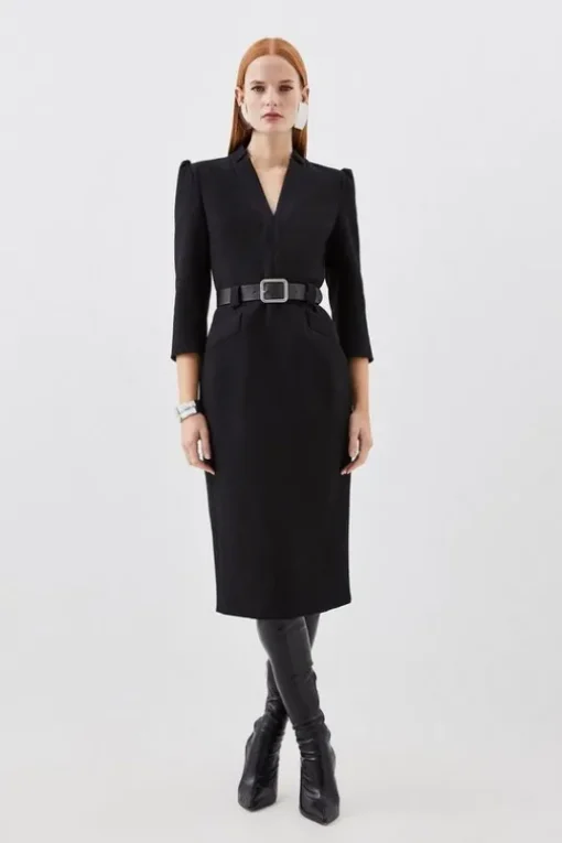 Compact Stretch Tailored Forever Belted Midi Dress