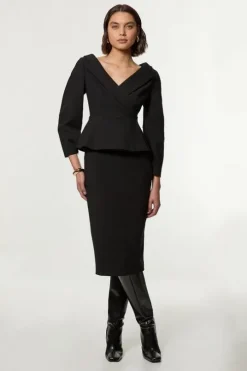 Compact Stretch Tailored Asymmetric Peplum Pencil Midi Dress