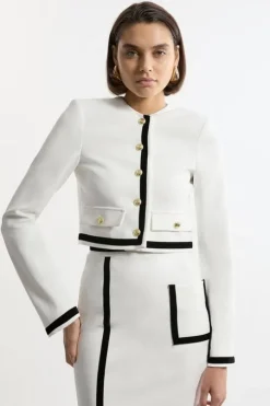 Compact Stretch Tipped Velvet Contrast Collarless Tailored Jacket