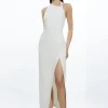 Compact Stretch Viscose Asymmetric Strap Tailored Midi Dress