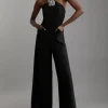 Compact Stretch Viscose Crystal Embellished Rosette Wide Leg Tailored Jumpsuit