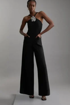 Compact Stretch Viscose Crystal Embellished Rosette Wide Leg Tailored Jumpsuit