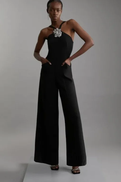 Compact Stretch Viscose Crystal Embellished Rosette Wide Leg Tailored Jumpsuit