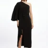 Compact Stretch Viscose Drape Sleeve One Shoulder Tailored Maxi Dress