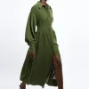 Compact Stretch Viscose Long Sleeve Woven Maxi Shirt Dress
