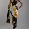 Compact Stretch Viscose Printed Photographic Floral One Shoulder Cape Maxi Dress