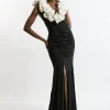Compact Stretch Viscose Rosette Tailored Maxi Dress