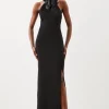 Compact Viscose Small Corsage Detail Tailored Halterneck Midaxi Dress