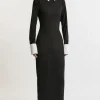 Contrast Collar Jersey Power Mesh Midi Dress