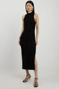 Cotton Blend Belted Knit Racer Midi Dress