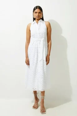 Cotton Eyelet Belted Woven Maxi Shirt Dress