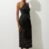 Cotton Quilted Cutwork Beaded Woven Halter Midi Dress