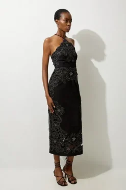 Cotton Quilted Cutwork Beaded Woven Halter Midi Dress