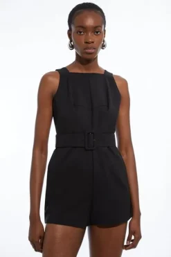 Cotton Sateen Utility Woven Belted Strappy Romper