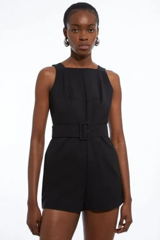Cotton Sateen Utility Woven Belted Strappy Romper