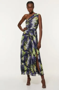Crinkle Feather Print Woven One Shoulder Midaxi Dress