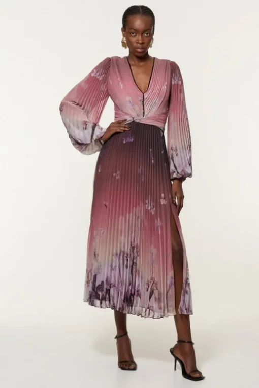 Crinkle Pleat Border Floral Balloon Sleeve Woven Midi Dress
