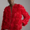 Crinkle Rosette Woven Bomber Jacket