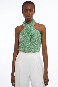 Cross Neck Jersey Stretch Sequin Bodysuit