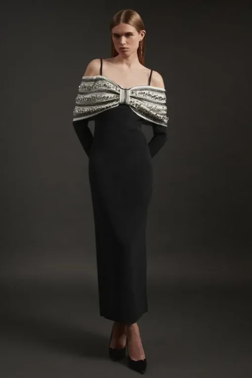 Crystal Embellished Bow Detail Woven Maxi Dress
