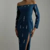 Crystal Embellished Corset Detail Off The Shoulder Woven Midaxi Dress