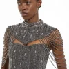 Crystal Embellished Detachable Cape Maxi Dress